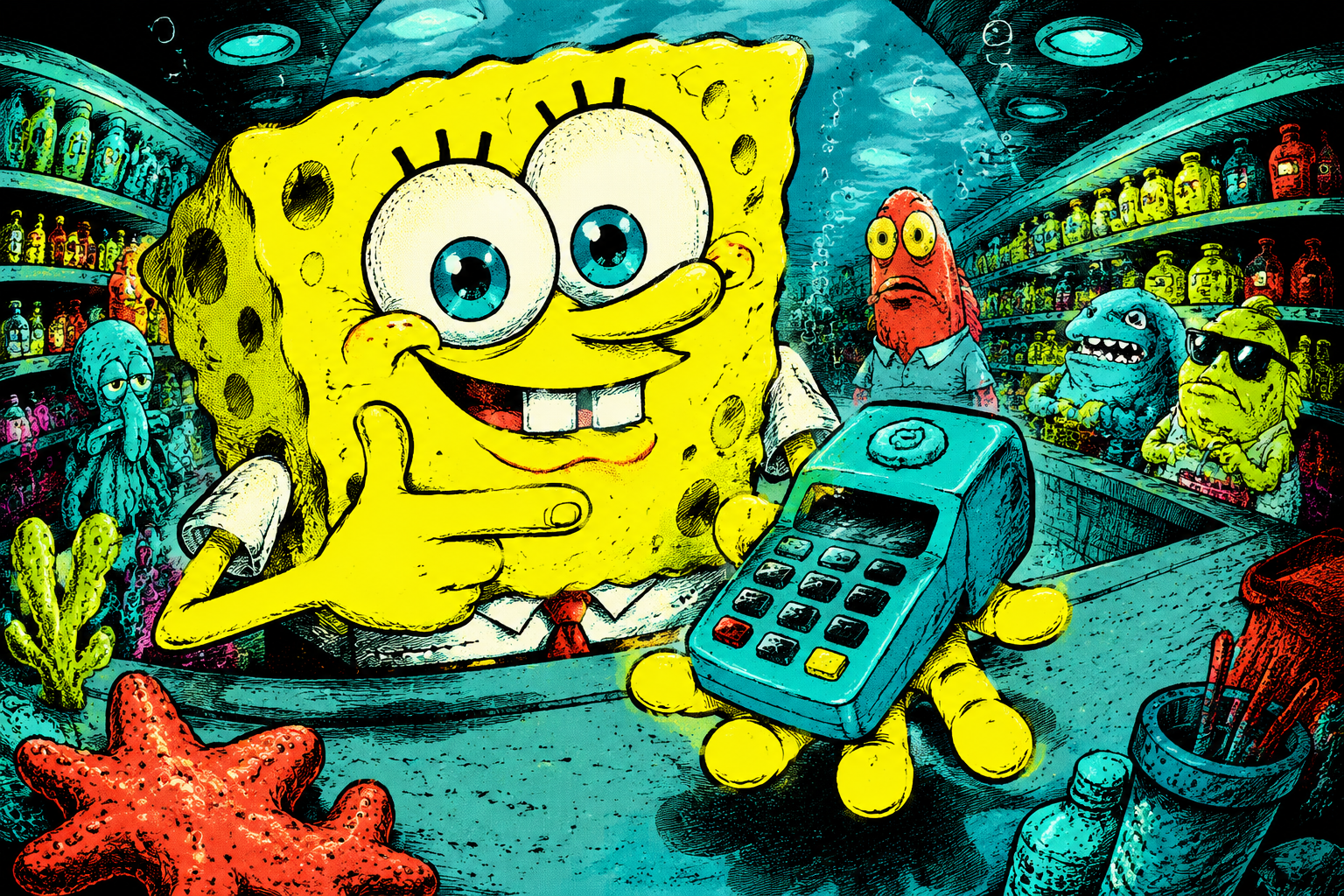 A mischievous yellow cartoon sea sponge at an absurd underwater store checkout.